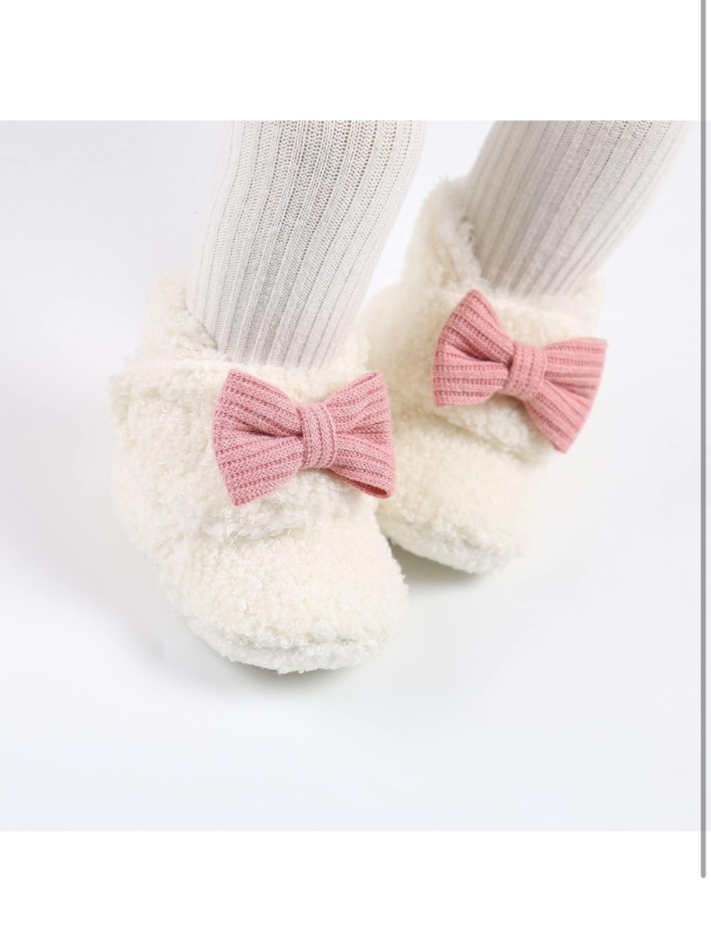 Cream Plush Baby Booties with Pink Knit Bow